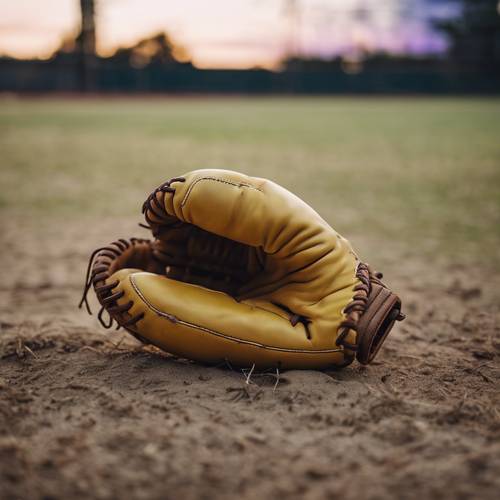 A vintage yellow baseball mitt left on a playfield during twilight.