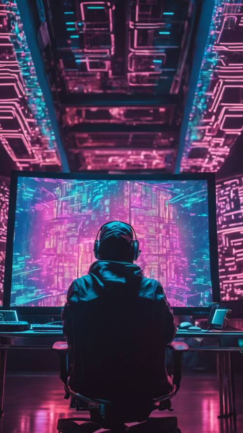 Un hacker in stile Y2K seduto in una stanza piena di schermi olografici, codice in streaming in colori al neon.