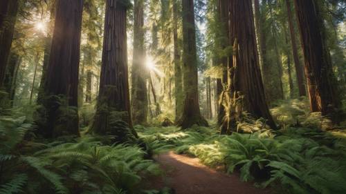 Hutan ajaib yang dipenuhi pepohonan redwood megah, sinar matahari yang berbintik-bintik menyaring melalui dedaunan di atas kepala dengan kutipan klasik &#39;Kesabaran adalah kunci ketenangan.&#39; di sudut teduh berlumut.