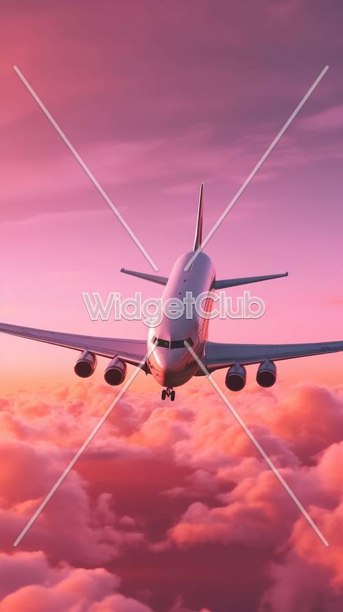 Avion volant dans un ciel rose au coucher du soleil