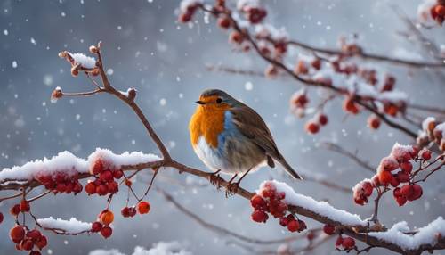 Un debole pettirosso appollaiato su un ramo di biancospino ricoperto di neve, sotto il cielo del crepuscolo.