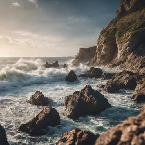 Uma paisagem de costa sinuosa com ondas caprichosas do mar batendo nas bordas rochosas.