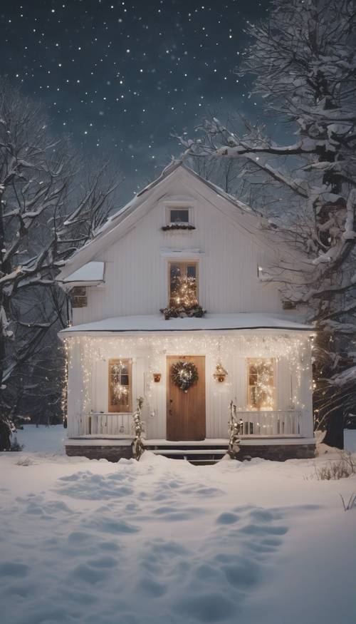 Uma casa de fazenda rural, branca, coberta de neve, decorada com luzes de Natal suaves, serena sob um céu estrelado de inverno.