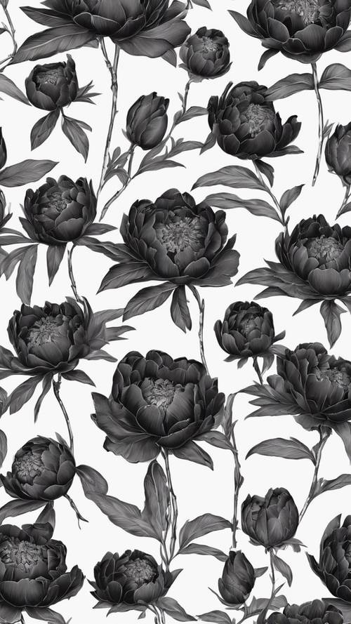 A midnight black peony pattern standing out vividly against a pure white surround.