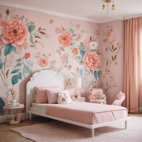 A whimsical children's bedroom featuring contemporary floral decals on pastel walls.