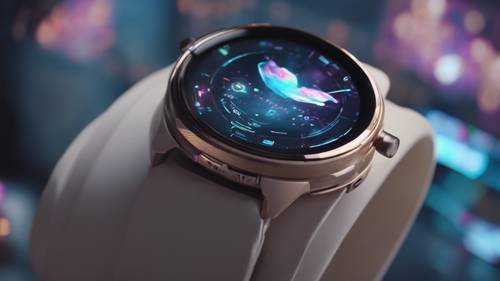 Eine futuristische Smartwatch mit holografischer Anzeige, die über dem Bildschirm schwebt, vor dem Hintergrund eines Technologielabors.