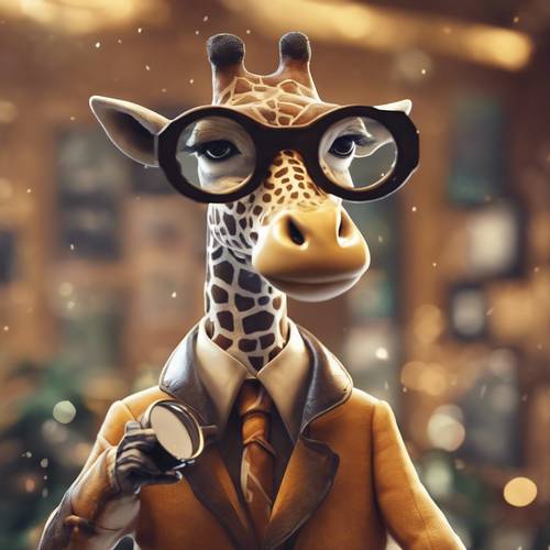 Мультфильм о жирафе в детективном пальто с увеличительным стеклом в руке, разгадывающем загадку.