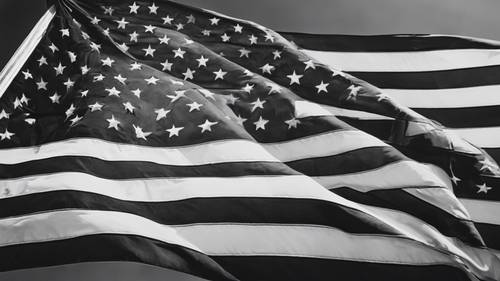 La bandera estadounidense representada en un estilo mezzotint en blanco y negro.