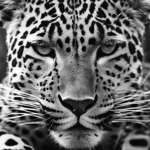 Tampilan wajah macan tutul dari jarak dekat, dengan fokus pada detail bulu, kumis, dan mata tertutupnya, dalam warna hitam dan putih.