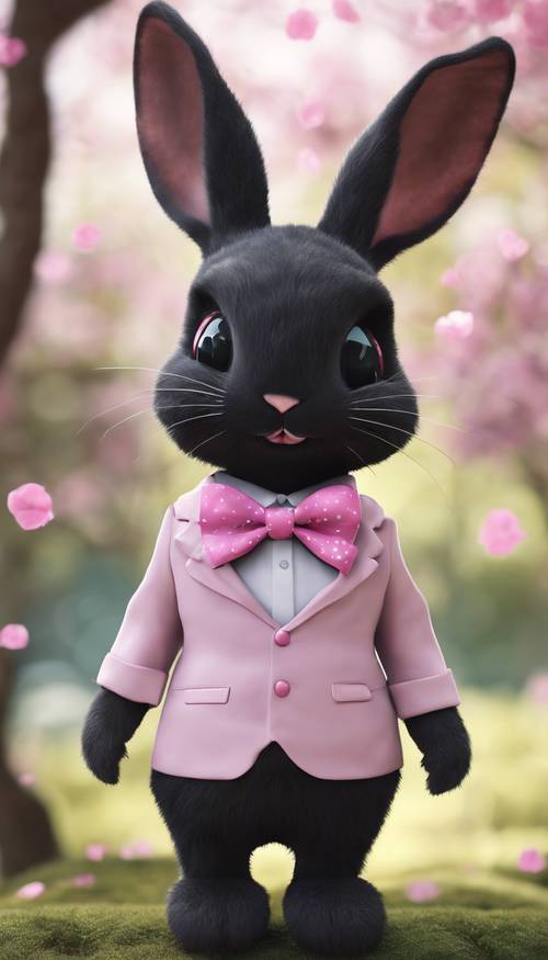 A cute black bunny with a pink bow tie in kawaii anime style.