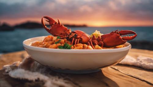 Kari lobster yang mengepul dalam suasana pantai yang indah saat matahari terbenam.
