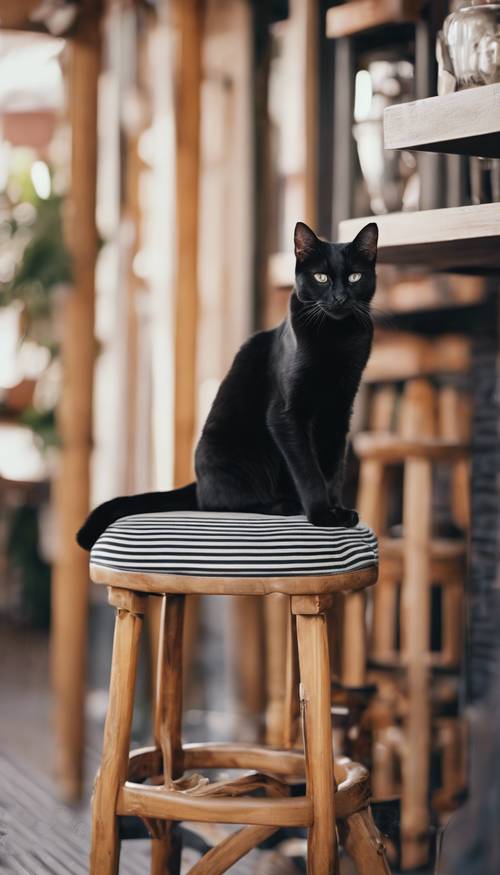 Un chat rayé noir se prélassant sur le coussin d’un tabouret de bar rayé.
