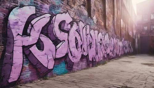 Desain grafiti artistik dengan warna ungu muda di dinding gudang tua.