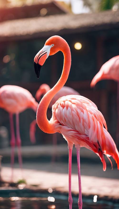 A flamingo basking in the sunshine, its feathers glowing the vivid hue of neon pink.