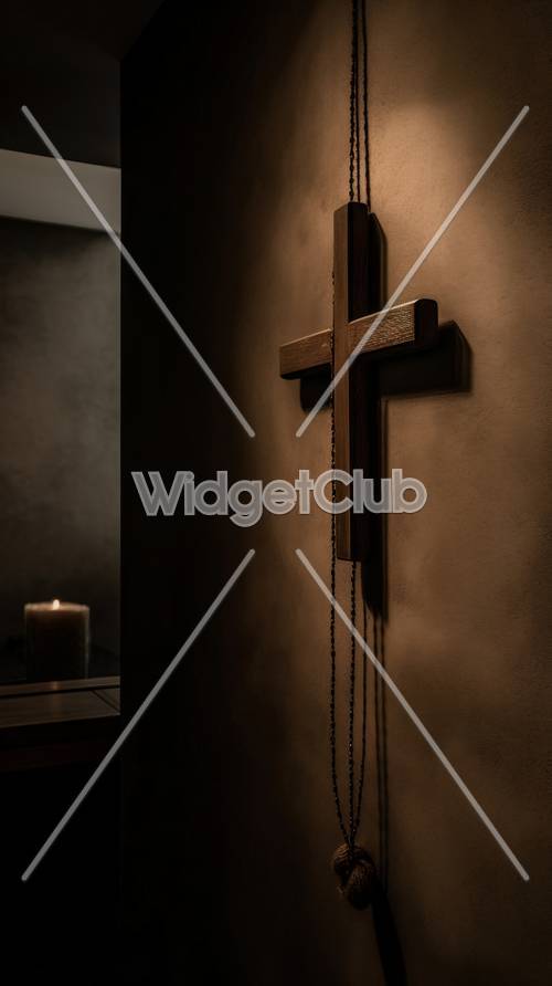 Candlelit Cross in Dark Room