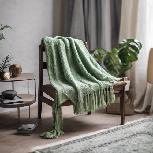 Ein handgefertigter hellgrüner afghanischer Teppich, über einem modernen Stuhl drapiert.