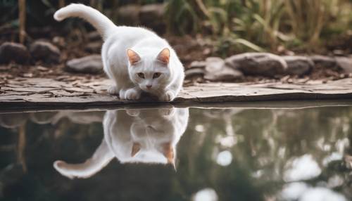 Un gatto bianco che guarda attentamente il suo riflesso in uno stagno cristallino. Sfondo [646afab59b3d47098c16]