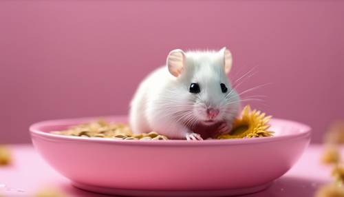 An adorable white baby hamster sucking on a sunflower seed in a pink dish.