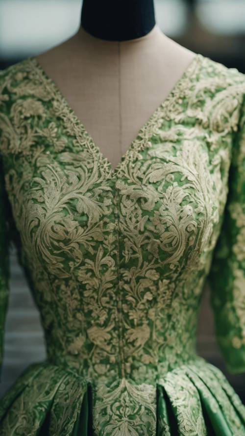 Yeşil şam kumaşından yapılmış zarif bir kadının elbisesinin yakından görünümü.
