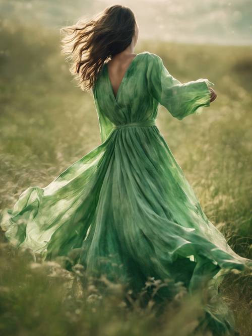 一幅描绘一件在微风中飘扬的绿色复古连衣裙的画。