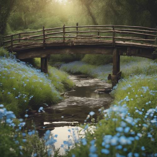 A rustic bridge crossing over a creek, surrounded by forget-me-nots.