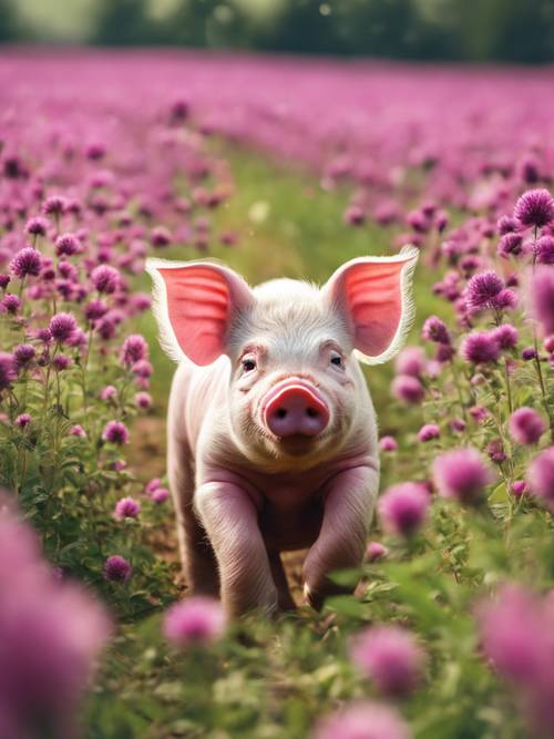 Pemandangan aneh anak babi merah muda gemuk yang bermain di ladang semanggi merah.