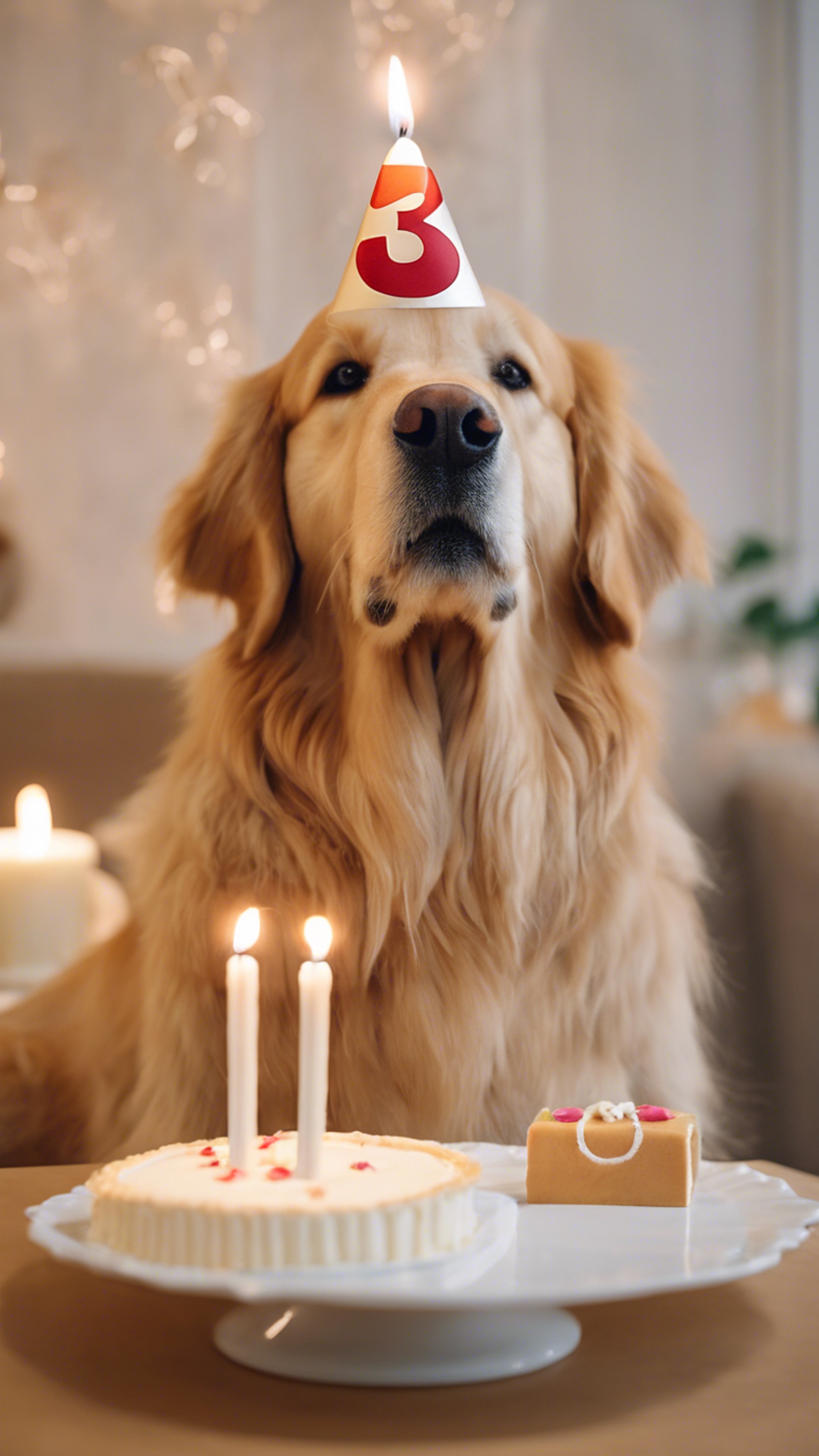 A golden retriever wearing a birthday hat, sitting in front of a numbered '3' candle on a small cake, looking eagerly at the camera. 墙纸[271fe240b95e4af1b864]