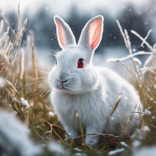Ein weißes Kaninchen liegt im Gras und fügt sich perfekt in die schneebedeckte Kulisse ein.