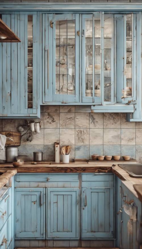 Rustic baby blue wooden kitchen cabinets and furniture in a retro-style house.