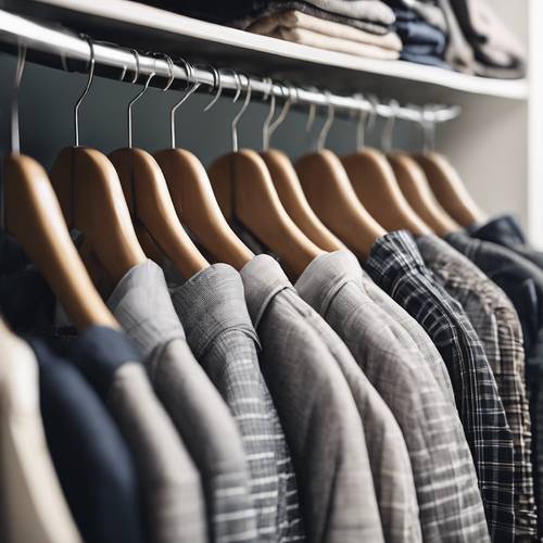 Gray plaid pants hanging neatly in a well-organized wardrobe. Tapeta na zeď [9adcb03618a54efea788]