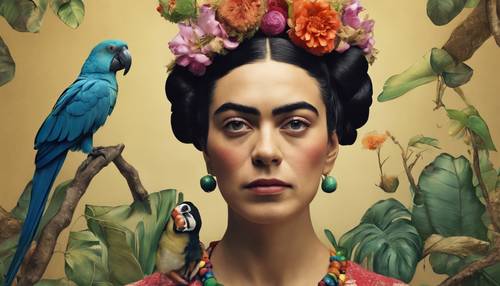 A surrealist self-portrait in the style of Frida Kahlo with a parrot and a monkey