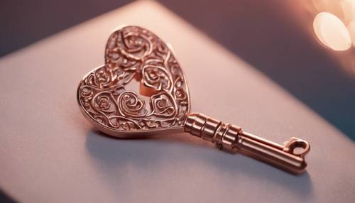 Una llave en forma de corazón de oro rosa meticulosamente tallada, iluminada en la palma de una mano.