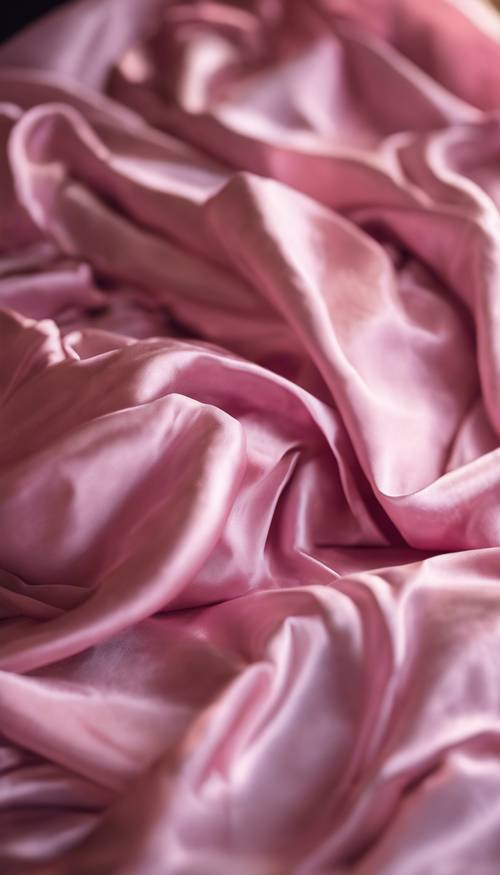 Lenzuolo di seta rosa spiegazzato su un grande letto king-size.
