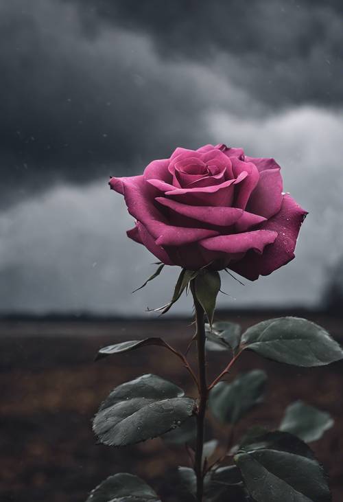 A lone dark pink rose against a somber, dark gray stormy sky.