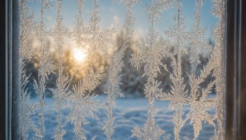Pola embun beku terbentuk di jendela saat musim dingin, diterangi sinar matahari pagi.