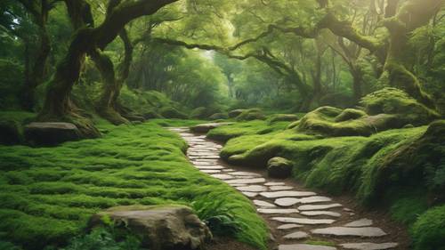 A tranquil depiction of a stone pathway winding through a green forest, with a quote about destination. Tapeet [754622a1081642f2a6d3]