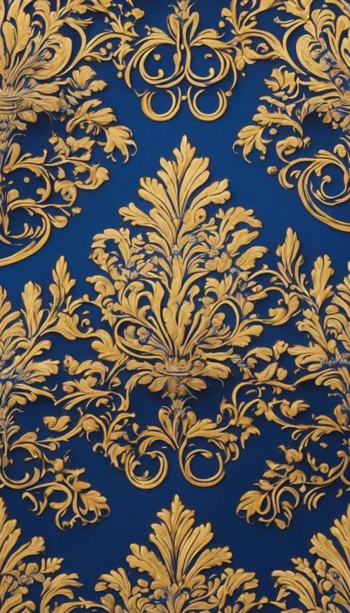 Tampilan close-up wallpaper damask biru dan emas yang anggun, dengan pola hiasan.