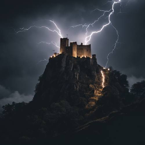 An eerie ancient castle on a craggy hill, being struck by multiple lightning bolts against a pitch black night.