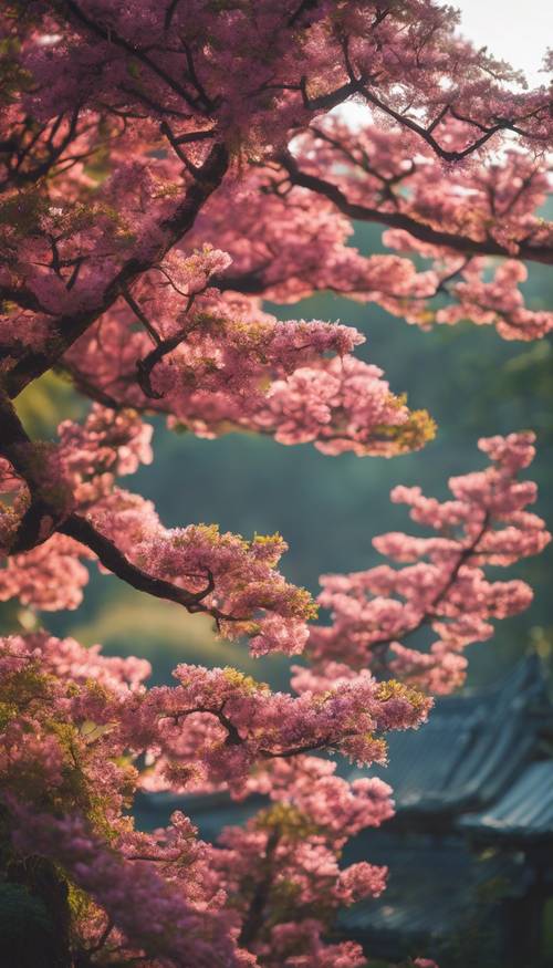 Żywa scena przedstawiająca japońskie drzewo Goshinboku kwitnące w świetle wczesnego poranka.