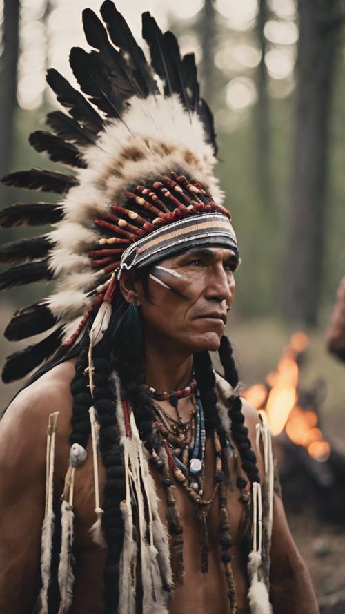 Rdzenni Amerykanie noszący tradycyjne nakrycia głowy i przeprowadzający rytuał wokół ogniska.