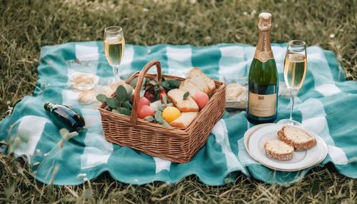 A preppy spring picnic on a teal and white checkered blanket, complete with wicker basket and champagne.