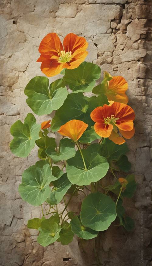 An oil painting of a nasturtium plant set against a rustic, old wall.