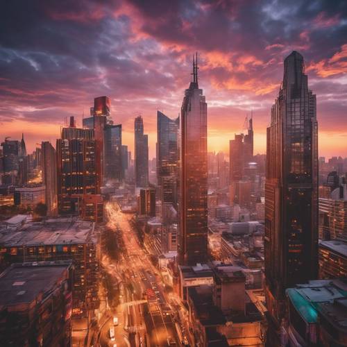 色彩繽紛的日出照亮了高聳的摩天大樓的城市景觀。