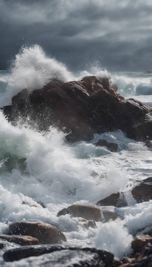Três ondas distintas colidindo com força na costa rochosa durante uma dura tempestade de inverno