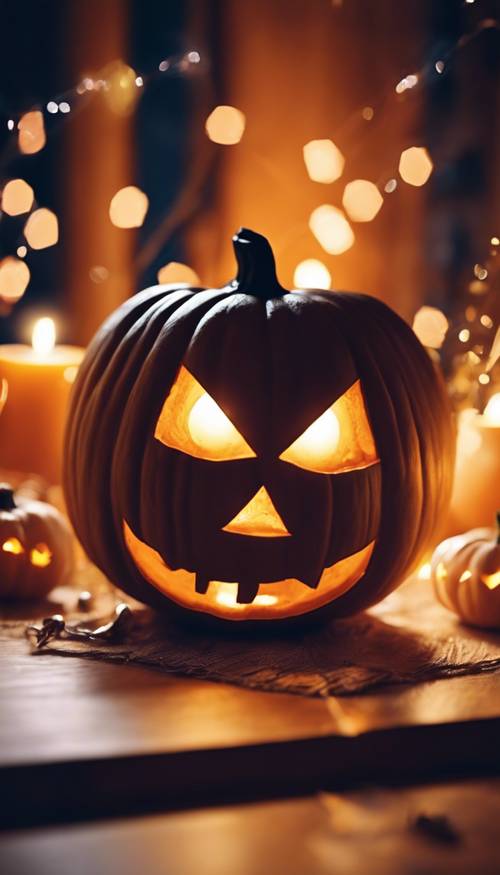 Uma cena simples de Halloween com uma abóbora sobre uma mesa de madeira e luzes de fada brilhando ao fundo.