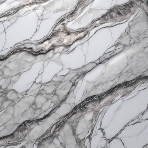 Un design lussuoso che raffigura venature dettagliate di argento scintillante su una solida base di marmo bianco.