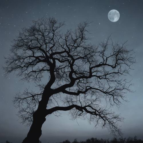 Minimalistisches, dunkles Bild eines blattlosen Baums vor mondbeschienenem Himmel.