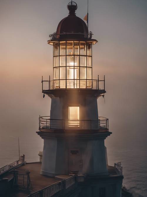 Vista de um farol ao anoitecer, o feixe de luz corta a neblina para revelar uma citação sobre a luz que guia a educação.