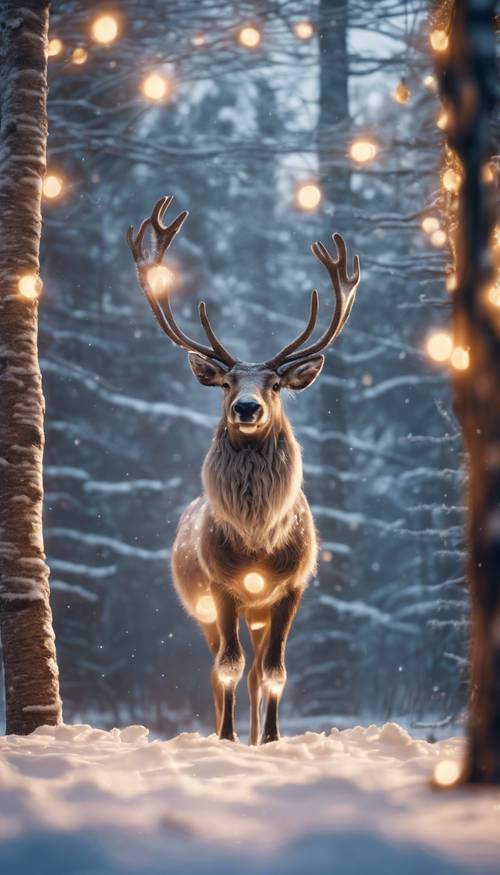 A reindeer standing proud in a mystical snow-covered western forest with Christmas lights hanging from antlers.