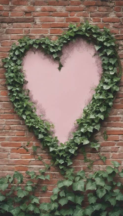 Un corazón rosa claro pintado en una antigua pared de ladrillo cubierta de hiedra.